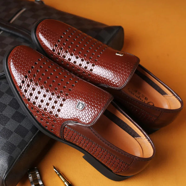 Elegant Men's Business Leather Sandals - Soft Bottom Hollow Hole Design for Middle-Aged and Elderly Dads - Comfortable Slip-On Footwear for Office and Career